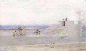 Moors at coastal battlements at dusk by Louis Auguste Girardot