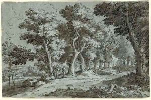 A wooded landscape with figures on a path by Abraham Genoels