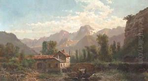 At a bridge in a mountainous landscape by Alfred Godchaux