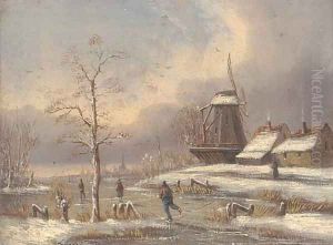 Skaters on a frozen waterway in a Dutch winter landscape