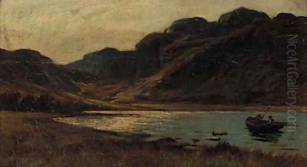 Anglers on a lake before a mountain - view 1