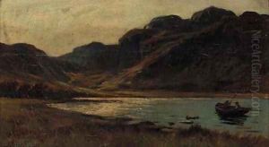 Anglers on a lake before a mountain by Alfred Goodfellow