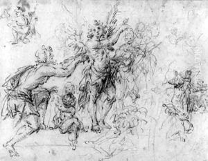 A kneeling figure by a standing angel accompanied by putti