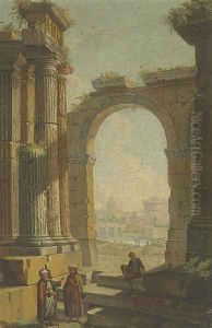 Figures in oriental costume standing in classical ruins by Giovacchino Assereto Genoa