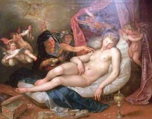 The Sleeping Danae Being Prepared to Receive Jupiter by Hendrik Goltzuis