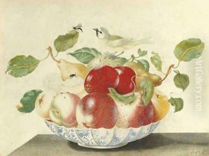 Still life with a bird and insects on a Delft bowl by Johanna Helena Herolt Graff
