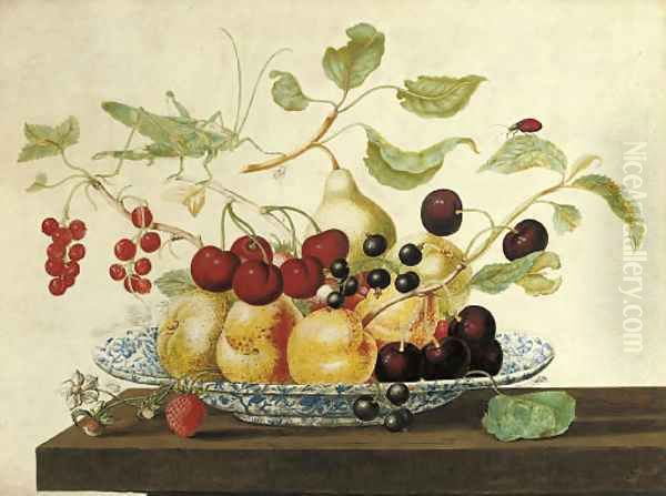 Still life with a grasshoper and a ladybug perched on branches arranged in a Delft bowl - view 1