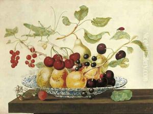 Still life with a grasshoper and a ladybug perched on branches arranged in a Delft bowl by Johanna Helena Herolt Graff