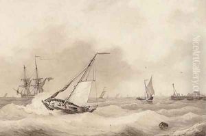 A Dutch barge and other shipping in a stiff offshore breeze by Willem Jun Gruyter