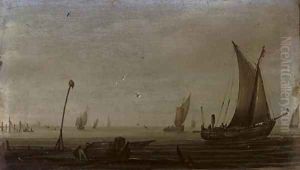 Shipping in calm waters with a moored vessel in the foreground by Hans Goderis