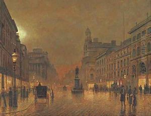 A busy street by night