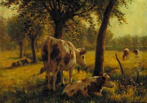 Cattle in a sunlit meadow - view 1