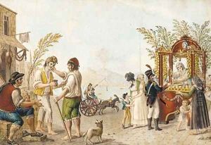 A Neapolitan market day with figures selling drinks with Vesuvius in the distance by Luigi Del Giodice