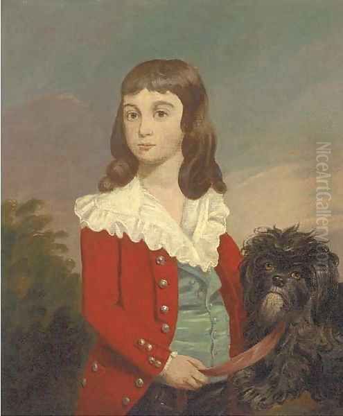 Portrait of a boy, half-length, in a red jacket, a dog by his side - view 1