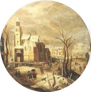 A winter landscape with skaters on a frozen waterway by a castle, peasants returning from market nearby by Jacob Grimmer