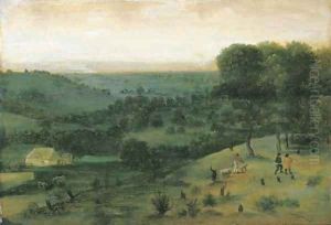An extensive wooded landscape with huntsmen, a peasant and cattle in the distance by Jacob Grimmer