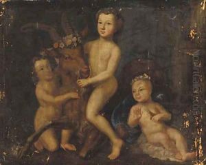 Three putti playing with a goat by Barthelemy Guillibaud