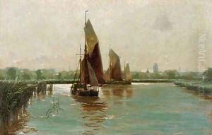 Sailing in a riverlandscape by Erwin Carl Wilhelm Gunther