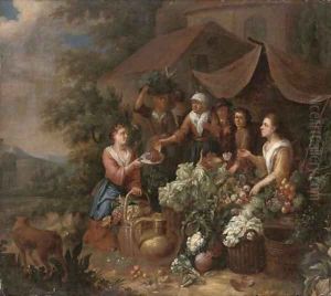 Fruit and vegetable sellers by a church