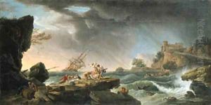 A shipwreck in stormy seas with survivors on a rocky outcrop