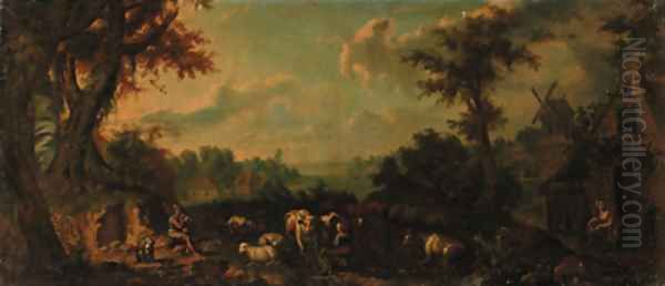 A milkmaid with cattle and sheep in an extensive wooded river landscape - view 1