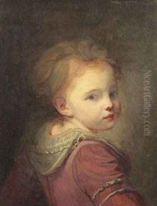 A young girl, bust length, wearing a lace-lined red dress by Jean Baptiste Greuze