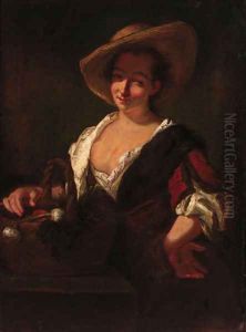 A peasant woman with a basket of fruit by Jean-Alexis Grimou