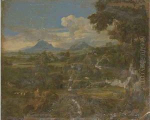 A classical landscape with a figure by a rock by Johannes (Polidoro) Glauber