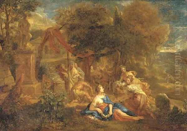 A classical landscape with an altar, a banquet and maidens with flowers and doves in the foreground - view 1