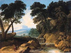 A traveller conversing with a gypsy woman on a road by a waterfall by Johannes (Polidoro) Glauber