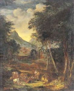 A wooded river landscape with figures and cattle in the foreground, a town beyond by Johannes (Polidoro) Glauber