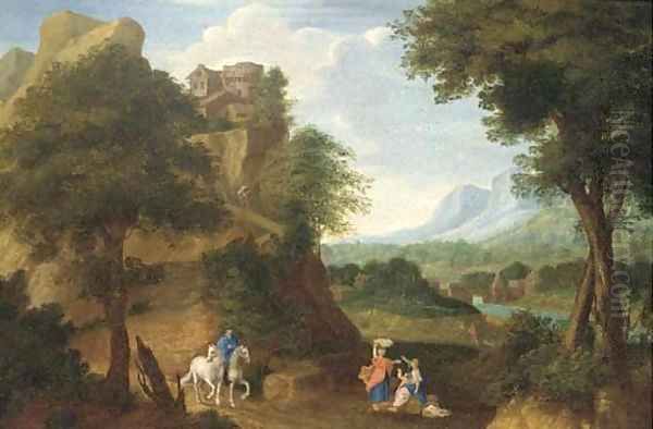 A river valley with a fortified house on a hill and a horseman and other figures on a track - view 1