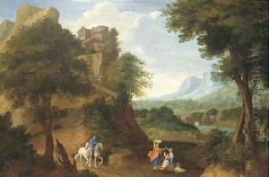 A river valley with a fortified house on a hill and a horseman and other figures on a track by Johannes (Polidoro) Glauber