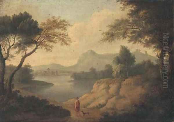 A wooded river landscape with a classical figure and a dog on a track - view 1