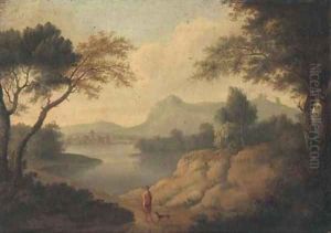 A wooded river landscape with a classical figure and a dog on a track