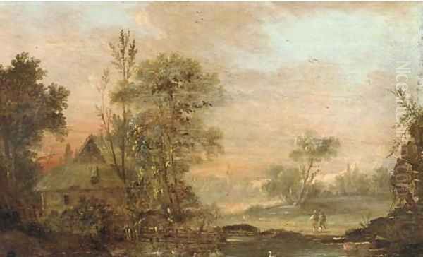 A river landscape with travellers on a track - view 1