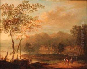 Rhenish landscapes with travellers on a track by Norbert Joseph Carl Grund