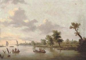 A river landscape with anglers in boats, a village beyond by Norbert Joseph Carl Grund