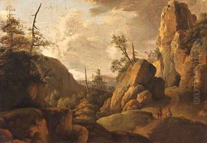 A rocky landscape with horsemen on a track by Norbert Joseph Carl Grund