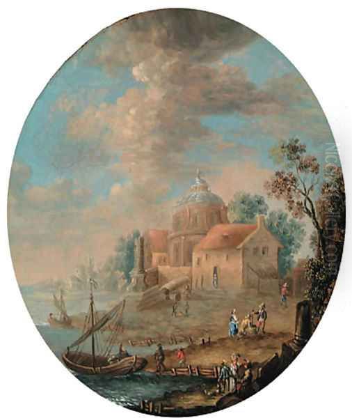 A coastal landscape with stevedores stowing barrels on a rowing-boat and peasants by a fountain, a village beyond; and A coastal landscape with boats - view 1