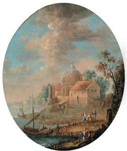 A coastal landscape with stevedores stowing barrels on a rowing-boat and peasants by a fountain, a village beyond; and A coastal landscape with boats by Norbert Joseph Carl Grund