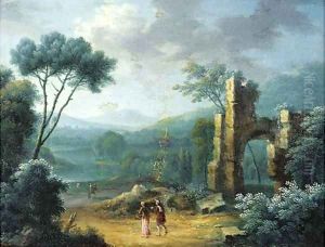 A wooded landscape with figures on a path by classical ruins by Norbert Joseph Carl Grund