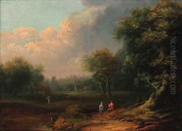 A wooded landscape with travellers resting on a track by a tree - view 1