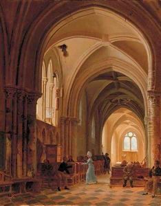 In a sunlit church by Francois Marius Granet