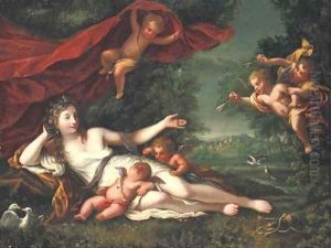 Venus and Cupid with attendant putti, a classical landscape beyond
