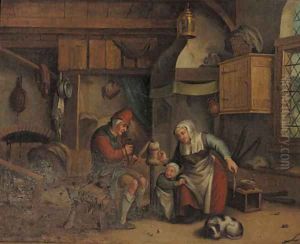 An old couple spinning wool in an interior, a child nearby