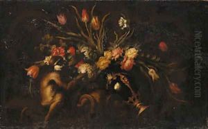Parrot tulips, roses, narcissi and other flowers in an upturned vase with a monkey Parrot tulips, roses, narcissi and other flowers in an upturned vase with a monkey