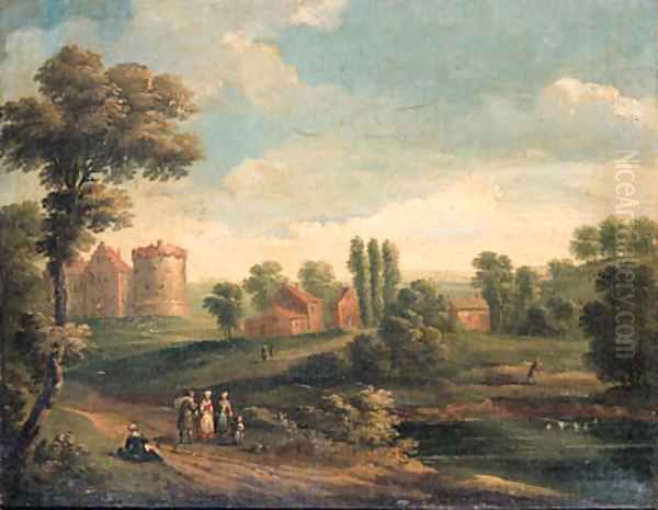 Travellers on a path, a village beyond - view 1