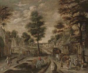 A village street with peasants and travellers