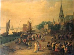 A fishmonger on a quay outside a city gate